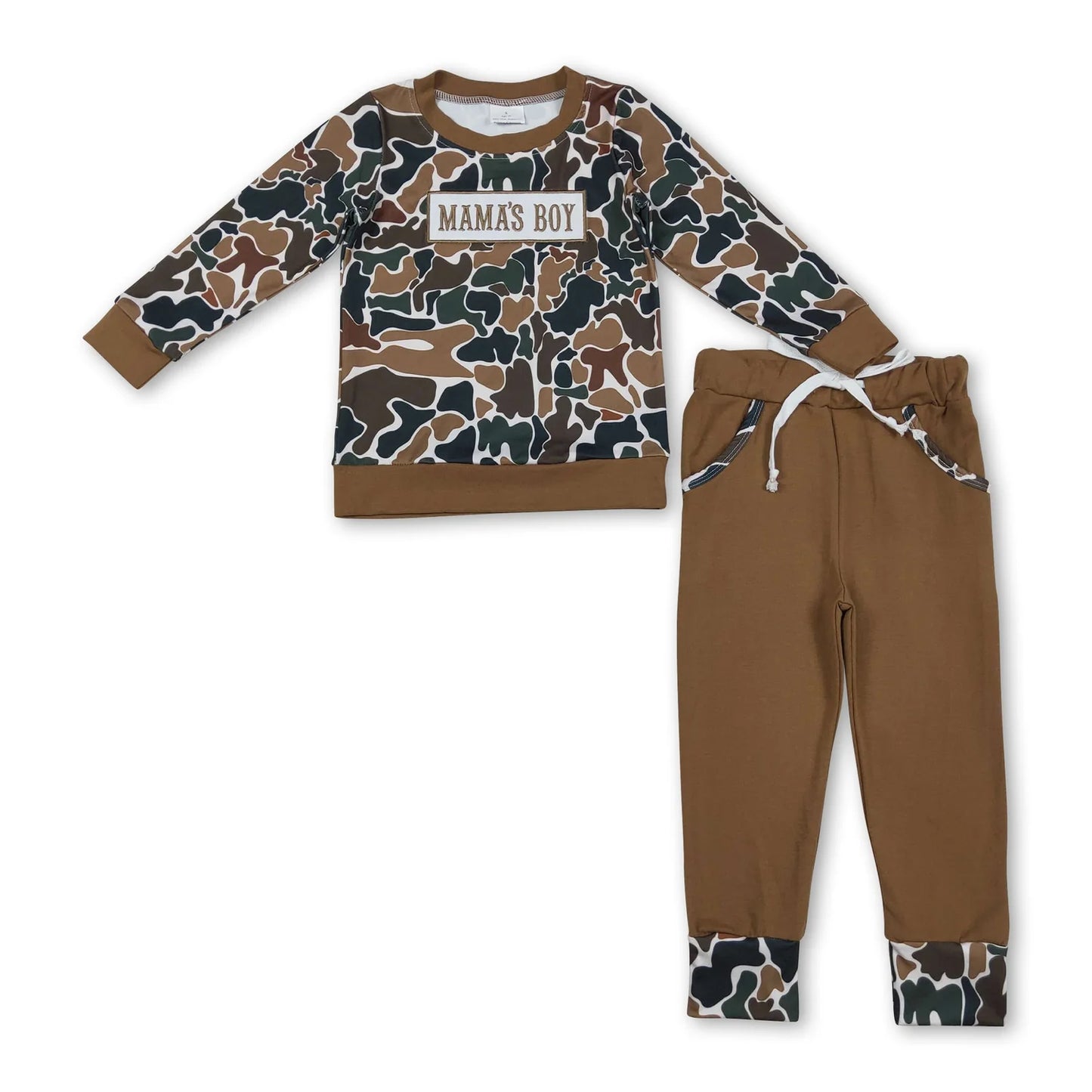 12.9 RST Sibling Baby Boys Embroidery Mama's Boy Brown Camo Pockets Pants Clothes Sets Hoodie Romper