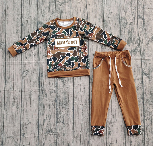 10.21 BLP1337 Sample No Moq Embroidery Mama's Boy Baby Boys Dark Brown Camo Top Pockets Jogger Clothes Sets