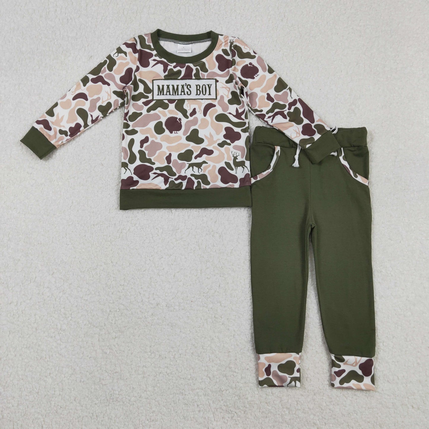 11.19 RTS Sibling Baby Boys Embroidery Mama's Boy Camo Top Pockets Pants Clothes Sets