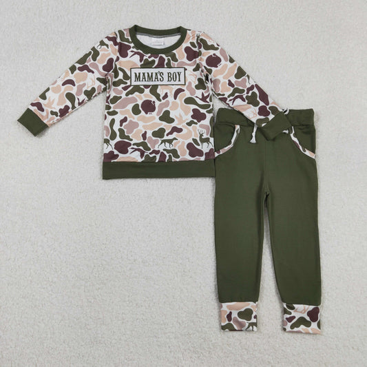 11.14 RTS NO MOQ （In stock）BLP1338 Embroidery Mama's Boy Baby Boys Deer Ducks Camo Pockets Jogger Clothes Sets