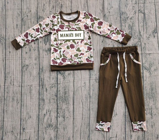 10.21 BLP1338 Sample No Moq Embroidery Mama's Boy Baby Boys Deer Ducks Camo Top Pockets Jogger Clothes Sets