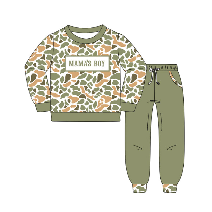 10.15 BLP1339 Pre order No Moq Baby Boys Green Orange Camo Mama's Boy Top Pockets Jogger Pants Clothes Sets