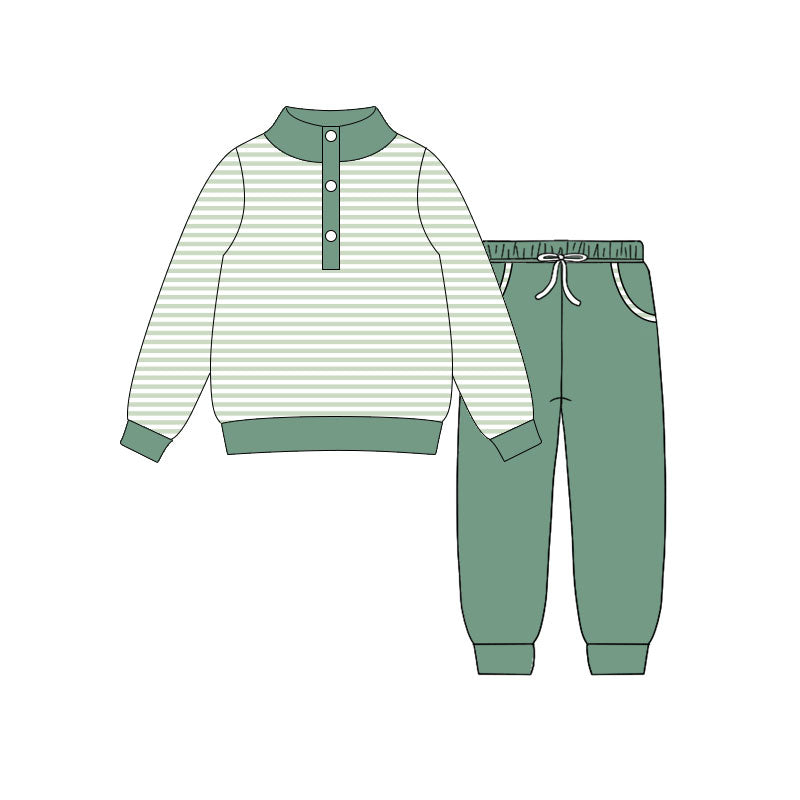 10.17 BLP1341 Pre order No Moq Baby Boys Green Stripe Button Top Pockets Jogger Clothes Sets