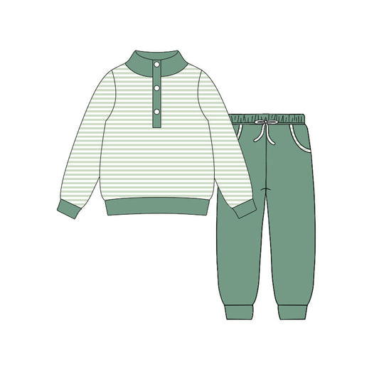 10.17 BLP1341 Pre order No Moq Baby Boys Green Stripe Button Top Pockets Jogger Clothes Sets