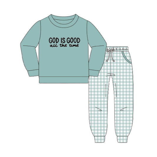10.20 BLP1345 Pre order No Moq Baby Boys God Is Good Top Checked Pockets Jogger Clothes Sets