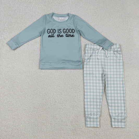 12.8 RTS NO MOQ （In stock）BLP1345 Baby Boys God Is Good Top Checked Pockets Jogger Pants Clothes Sets