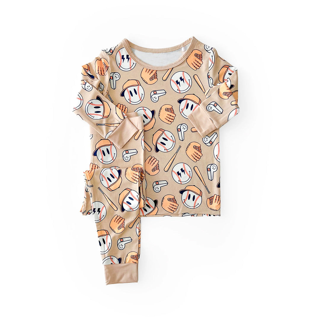 10.21 BLP1346 Pre order No Moq Baby Boys Smile Baseballs Top Pants Team Pajamas Sets