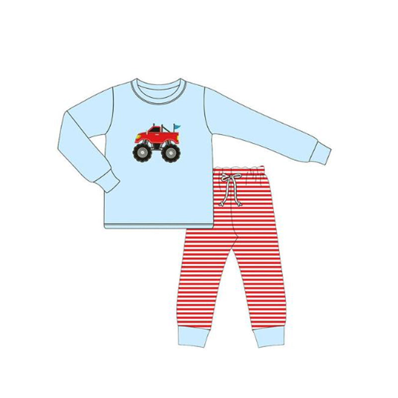 10.22 BLP1348 Pre order No Moq Baby Boys Truck Flag Top Red Stripe Pants Clothes Sets