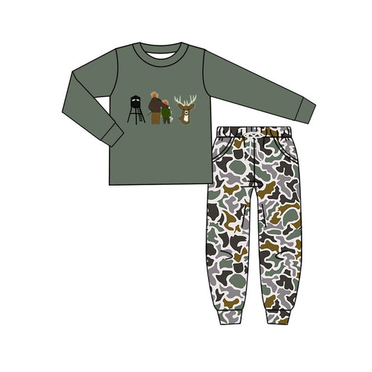10.23 (Pre Order) No moq BLP1352 PRE-ORDER Baby Boys Deer Hunting Top Camo Pockets Jogger Pants Clothes Sets