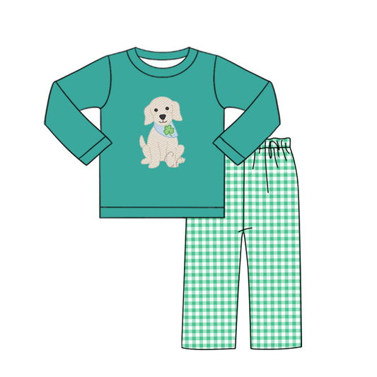 10.23 (Pre Order) No moq BLP1356 PRE-ORDER Baby Boys Clovers Dogs Green Top Checked Pants St Patrick Clothes Sets