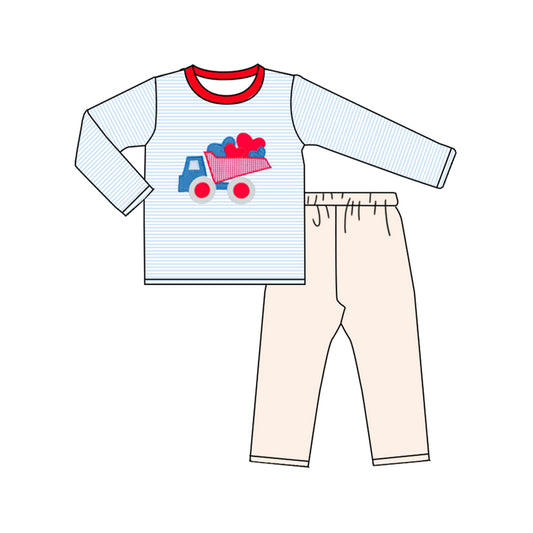10.27 BLP1360 Pre order No Moq Baby Boys Blue Stripe Hearts Tractor Top Leggings Valentine Clothes Sets