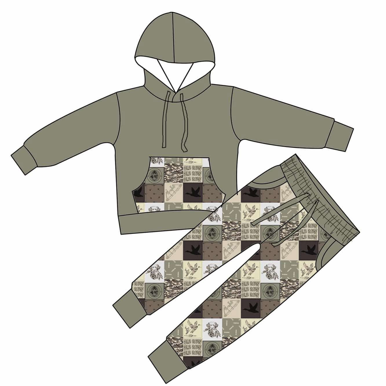 10.28 BLP1362 Pre order No Moq Baby Boys Grey Camo Ducks Checked Pocket Hoodie Jogger Pants Hunting Clothes Sets