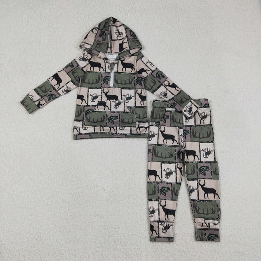 12.16 RTS NO MOQ （In stock）BLP1368 Baby Boys Deer Fishes Checked Zip Pockets Hoodies Pants Hunting Clothes Sets