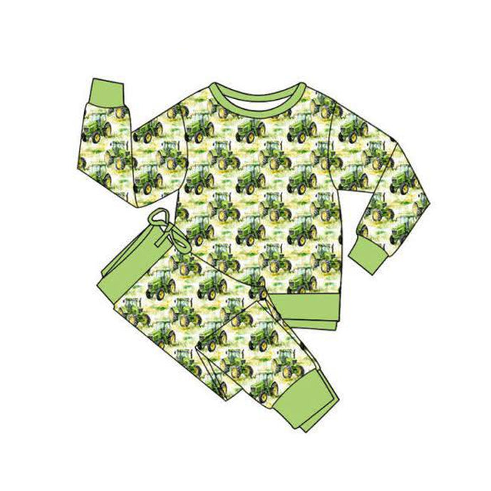 11.1 BLP1375 Pre order No Moq Baby Boys Green Trucks Plaid Top Jogger Farm Clothes Sets