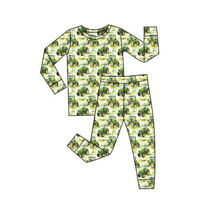 11.1 BLP1376 Pre order No Moq Baby Boys Green Trucks Plaid Top Pant Farm Pajamas Sets