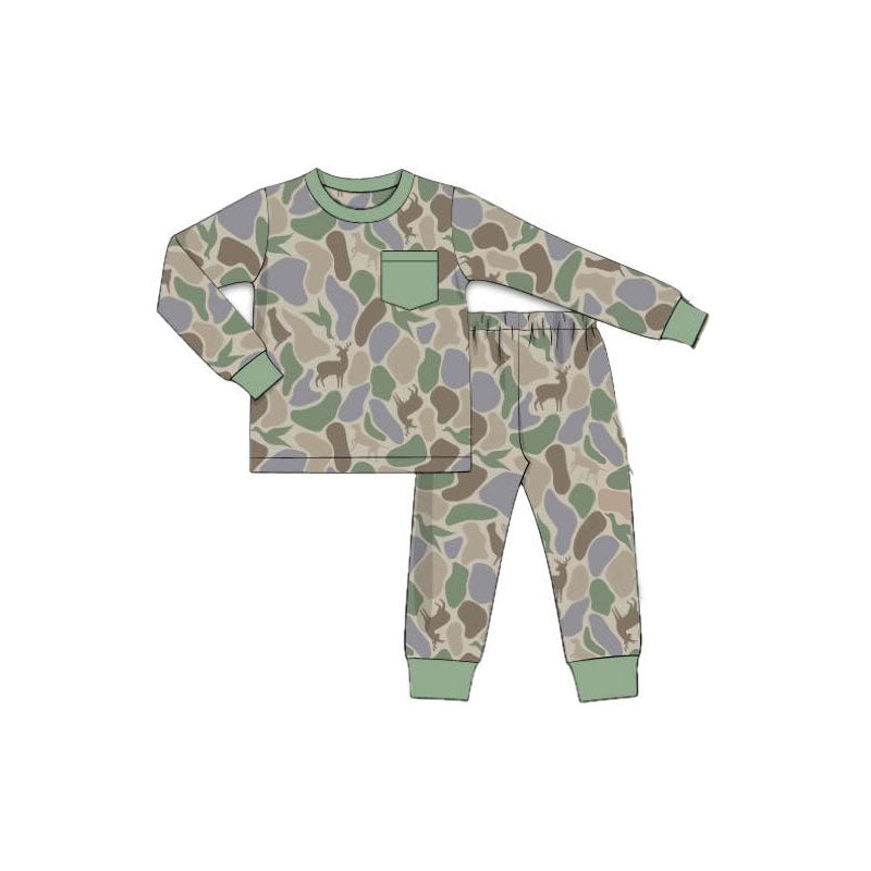 11.6 BLP1382 Pre order No Moq Baby Boys Ducks Deer Dogs Camo Pocket Top Pants Hunting Pajamas Sets