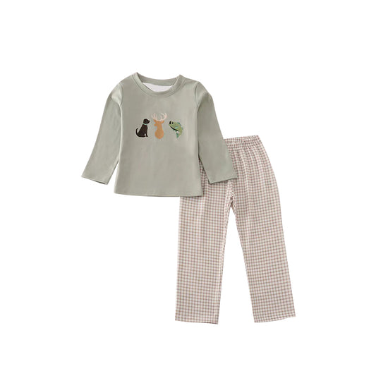 11.6 BLP1384 Pre order No Moq Baby Boys Fishes Deer Dogs Top Checked Pants Hunting Pajamas Sets