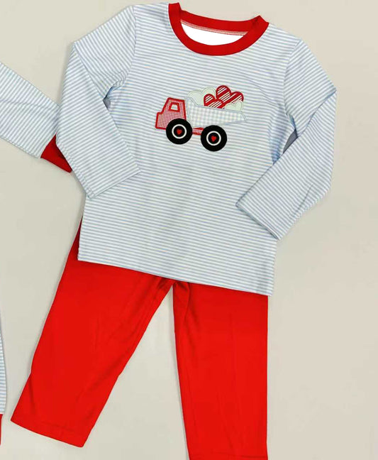 11.18 BLP1396 Pre order No Moq Baby Boys Hearts Truck Stripe Top Legging Pants Valentines Clothes Sets