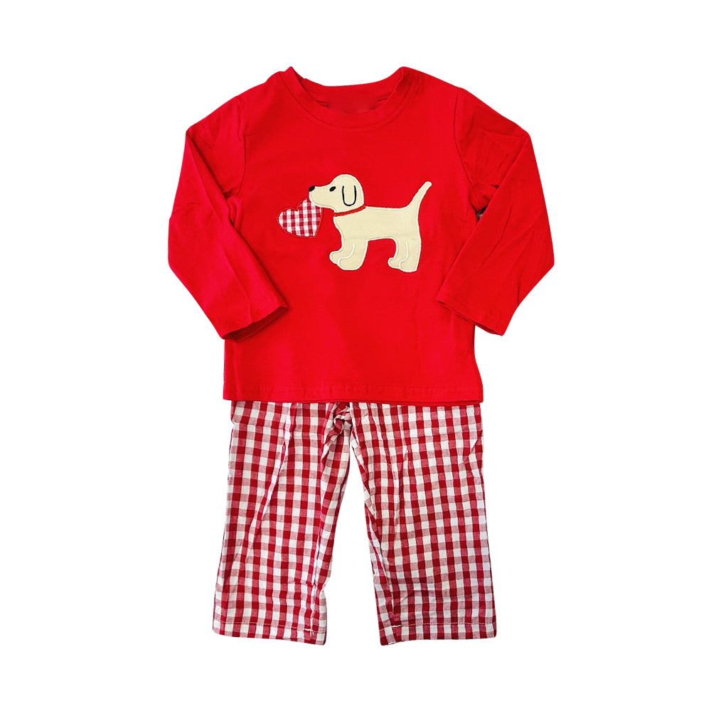 11.18 BLP1397 Pre order No Moq Baby Boys Hearts Dogs Top Checked Pants Valentines Clothes Sets