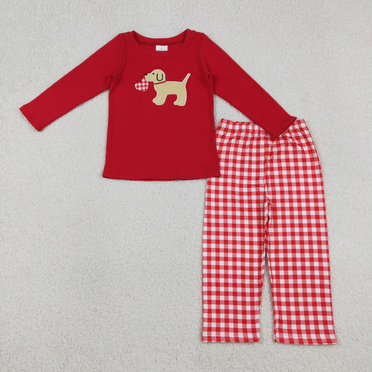 1.9 RTS NO MOQ （In stock）BLP1397 Embroidery Heart Dogs Baby Boys Checked Pants Valentines Clothes Sets