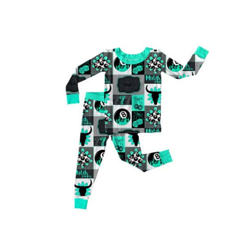 11.22 BLP1402 Pre order No Moq Baby Boys 8 Ball Bull Skulls Checked Top Pants Western Pajamas Sets