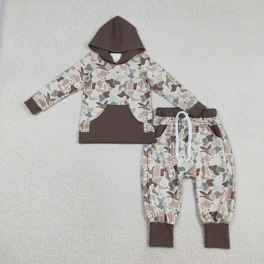 12.27 RTS NO MOQ （In stock）BLP1403 Baby Boys Deer Ducks Camo Pocket Hoodie Top Jogger Pants Hunting Clothes Sets