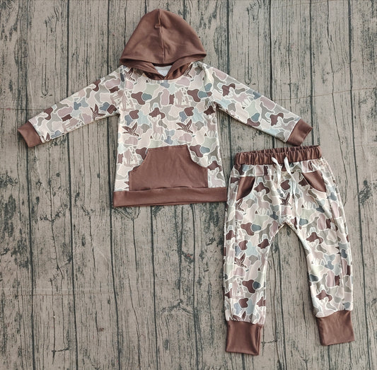 12.1 BLP1403 Sample No Moq Baby Boys Olive Deer Ducks Camo Pocket Hoodie Jogger Hunting Clothes Sets