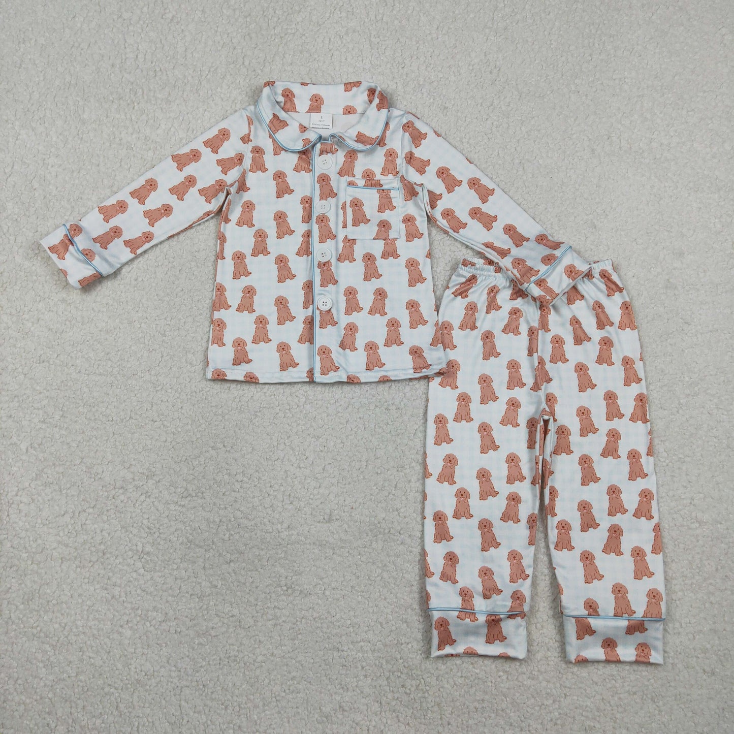2.3 RTS NO MOQ （In stock）BLP1408 Baby Boys Blue Checked Dogs Button Pocket Top Pant Pajamas Sets