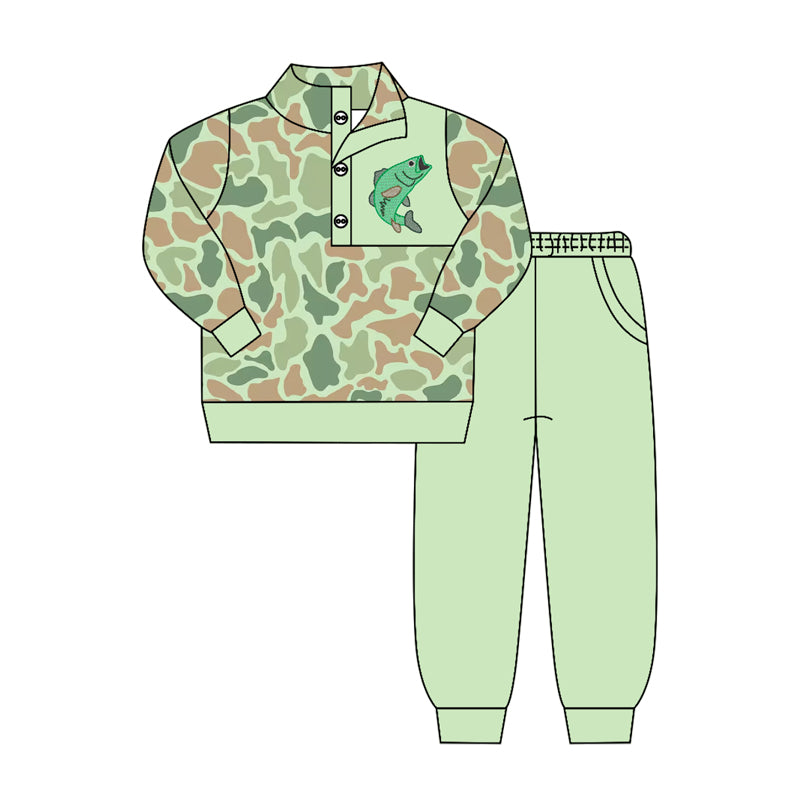 4.15 Pre order No Moq Baby Girls Baby Girls Camo Button Ruffle Pullover Top Jogger Hunting Clothes Sets