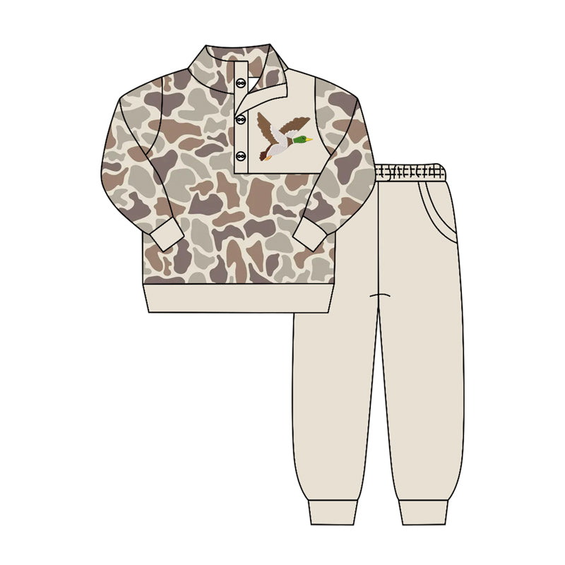 4.15 Pre order No Moq Baby Girls Baby Girls Camo Button Ruffle Pullover Top Jogger Hunting Clothes Sets