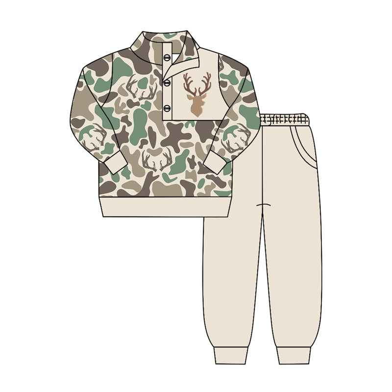4.15 Pre order No Moq Baby Girls Baby Girls Camo Button Ruffle Pullover Top Jogger Hunting Clothes Sets
