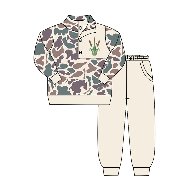 4.15 Pre order No Moq Baby Girls Baby Girls Camo Button Ruffle Pullover Top Jogger Hunting Clothes Sets