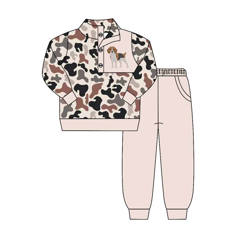 4.15 Pre order No Moq Baby Girls Baby Girls Camo Button Ruffle Pullover Top Jogger Hunting Clothes Sets