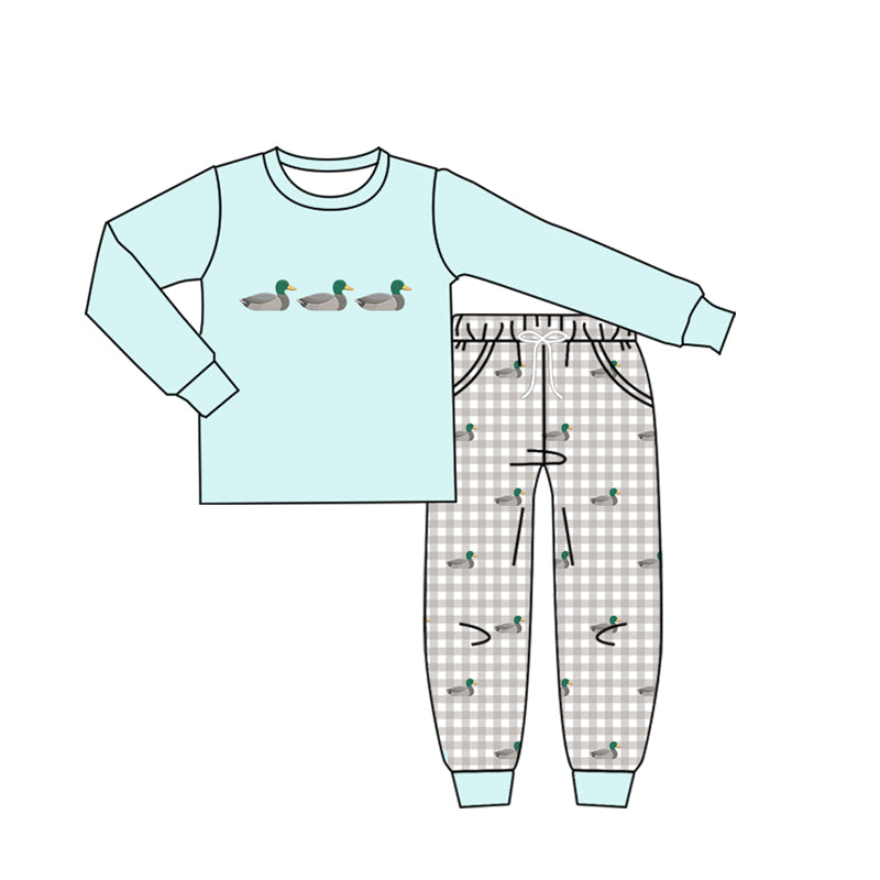 4.16 Pre order No Moq Baby Boys Aqua Ducks Checked Top Pockets Jogger Hunting Clothes Sets