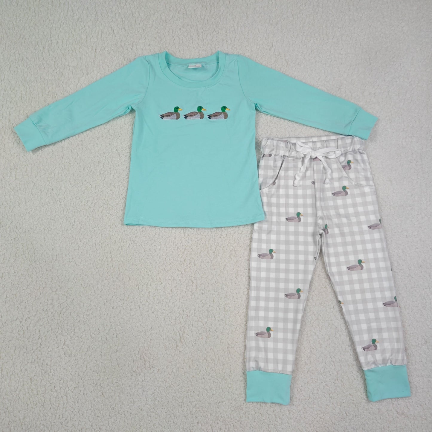 RTS NO MOQ Sibling Embroidery Ducks Baby Boys Top Pockets Checked Jogger Hunting Sets And Romper