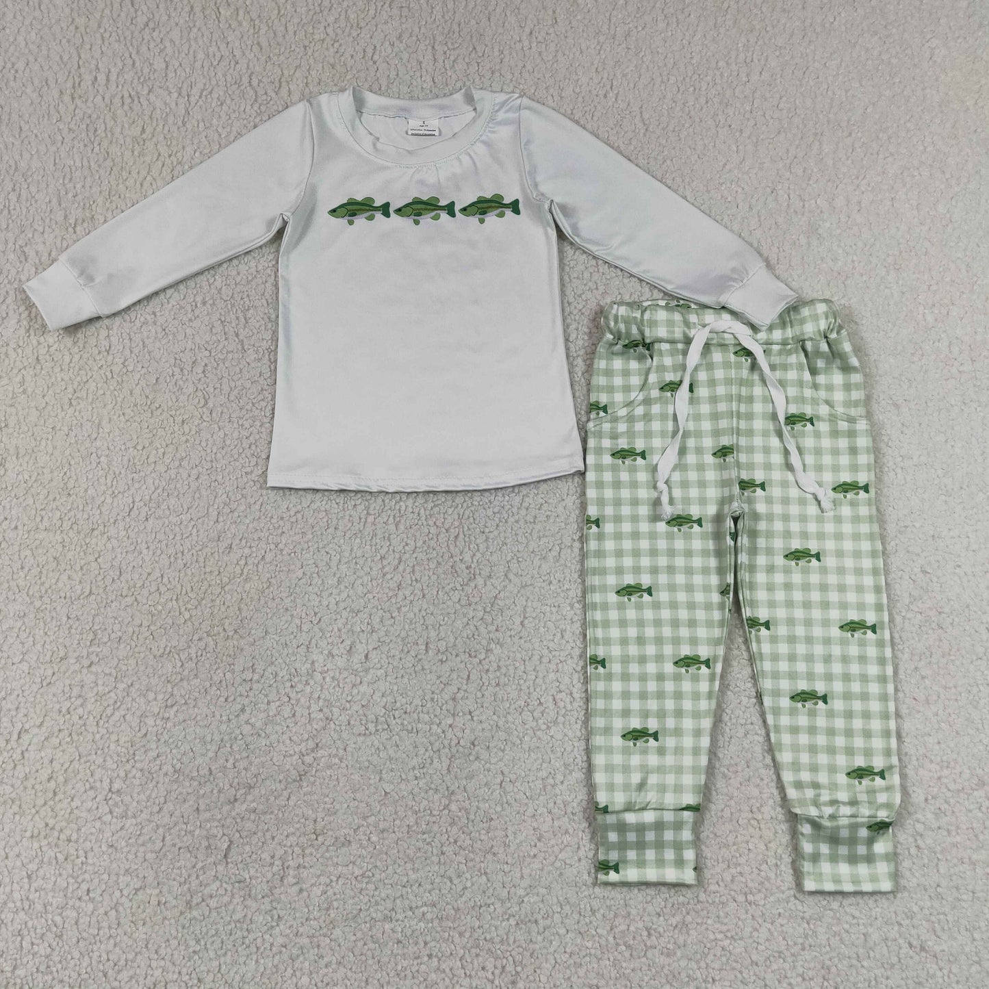 7.6 BLP1425 RTS NO MOQ （In stock）Baby Boys Fish Pocket Long Sleeve Checked Top Jogger Pants Hunting Outfit