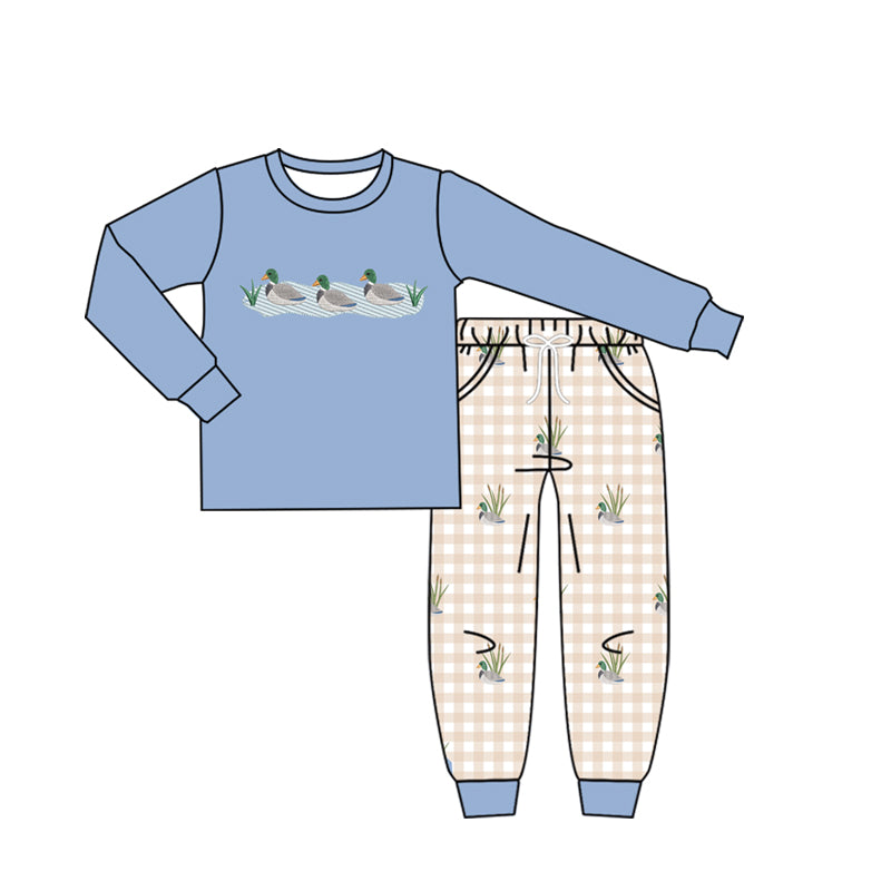 4.16 Pre order No Moq Baby Boys Aqua Ducks Checked Top Pockets Jogger Hunting Clothes Sets
