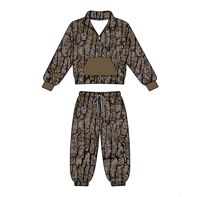 4.18 Pre order No Moq Baby Boys Southern Camo Zip Pocket Pullovers Jogger Pant Clothes Sets