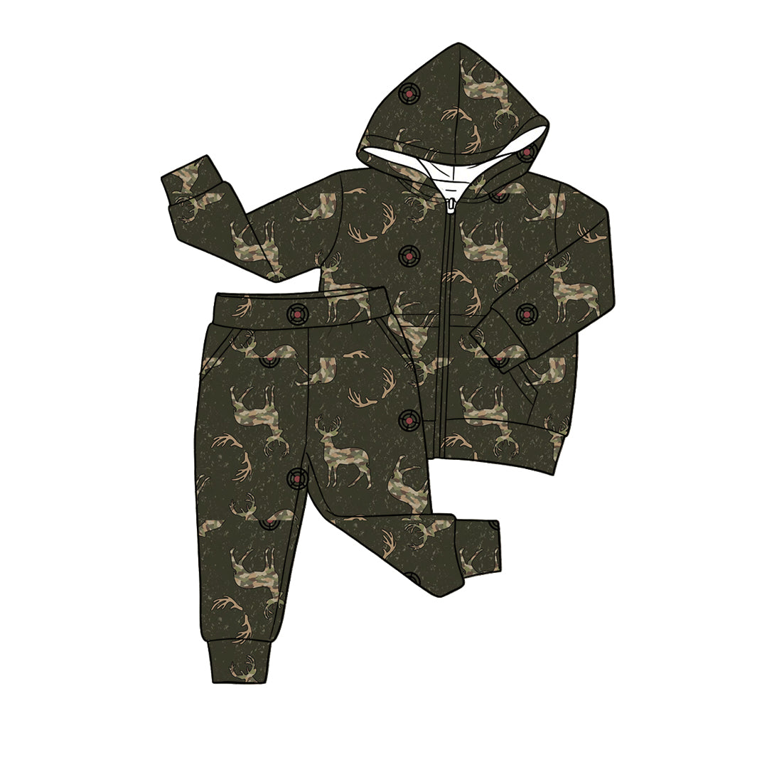 4.20 Pre order No Moq Baby Boys Camo Deer Pocket Zip Hoodies Jogger Pant Hunting Clothes Sets
