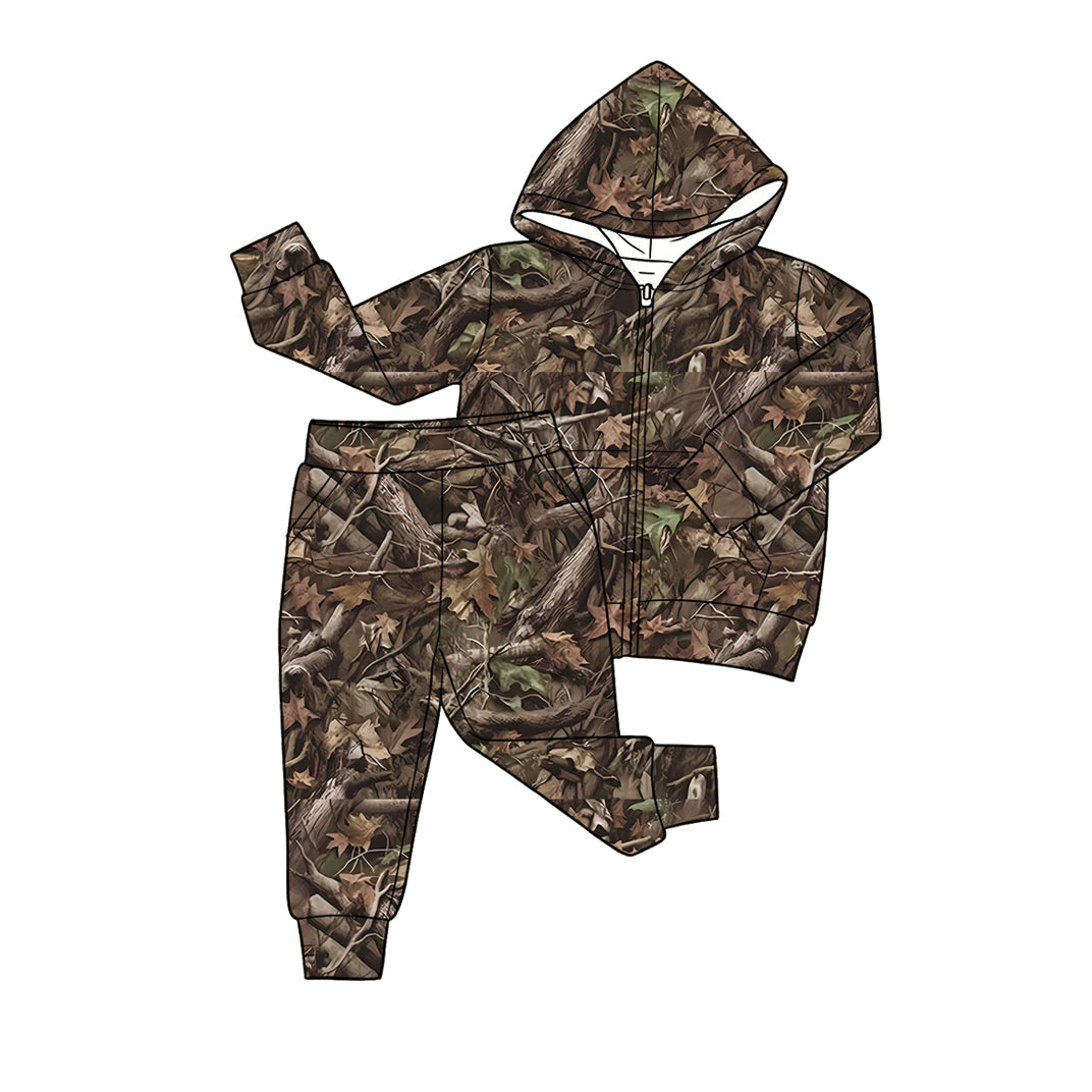 4.20 Pre order No Moq Baby Boys Camo Deer Pocket Zip Hoodies Jogger Pant Hunting Clothes Sets