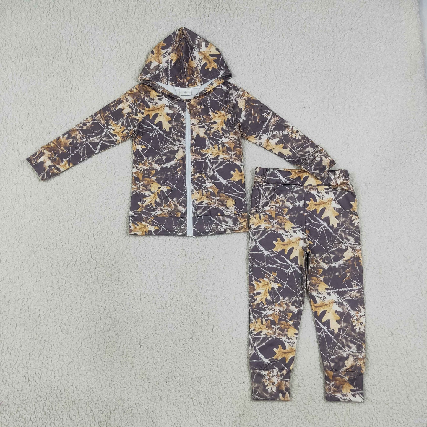 BLP1439 RTS NO MOQ （In stock）milk silk Baby Boys Southern Leaves Camo Pocket Zip Hoodies Jacket Joggers Clothes Sets