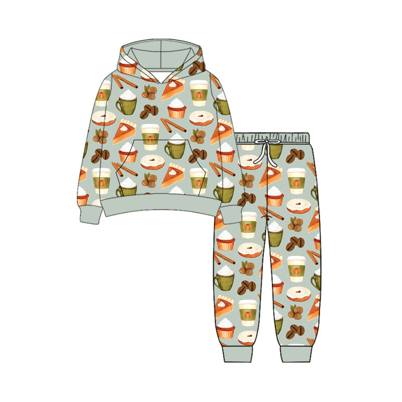 4.22 Pre order No Moq Baby Boys Daily Wear Cakes Pattern Hooded Tops Jogger Pants Sets Long Sleeve Rompers