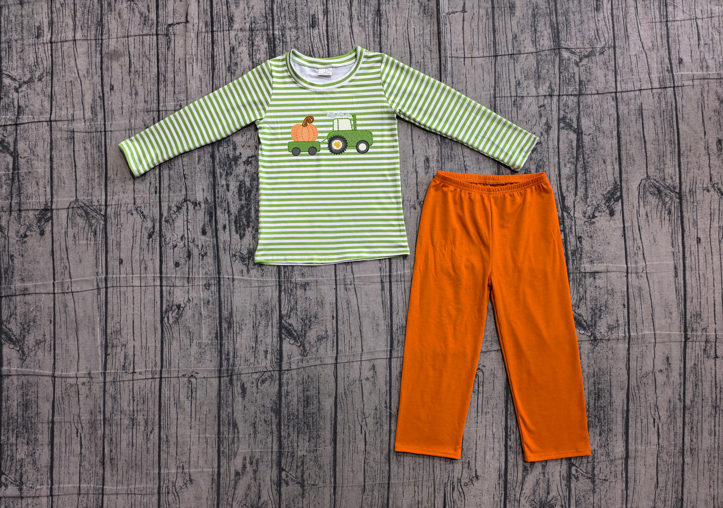 6.11 BLP1441 Sample No Moq Embroidery Baby Boys Green Stripe With Pumpkin Truck Embroidery Top Pant Fall Holiday Clothes Sets