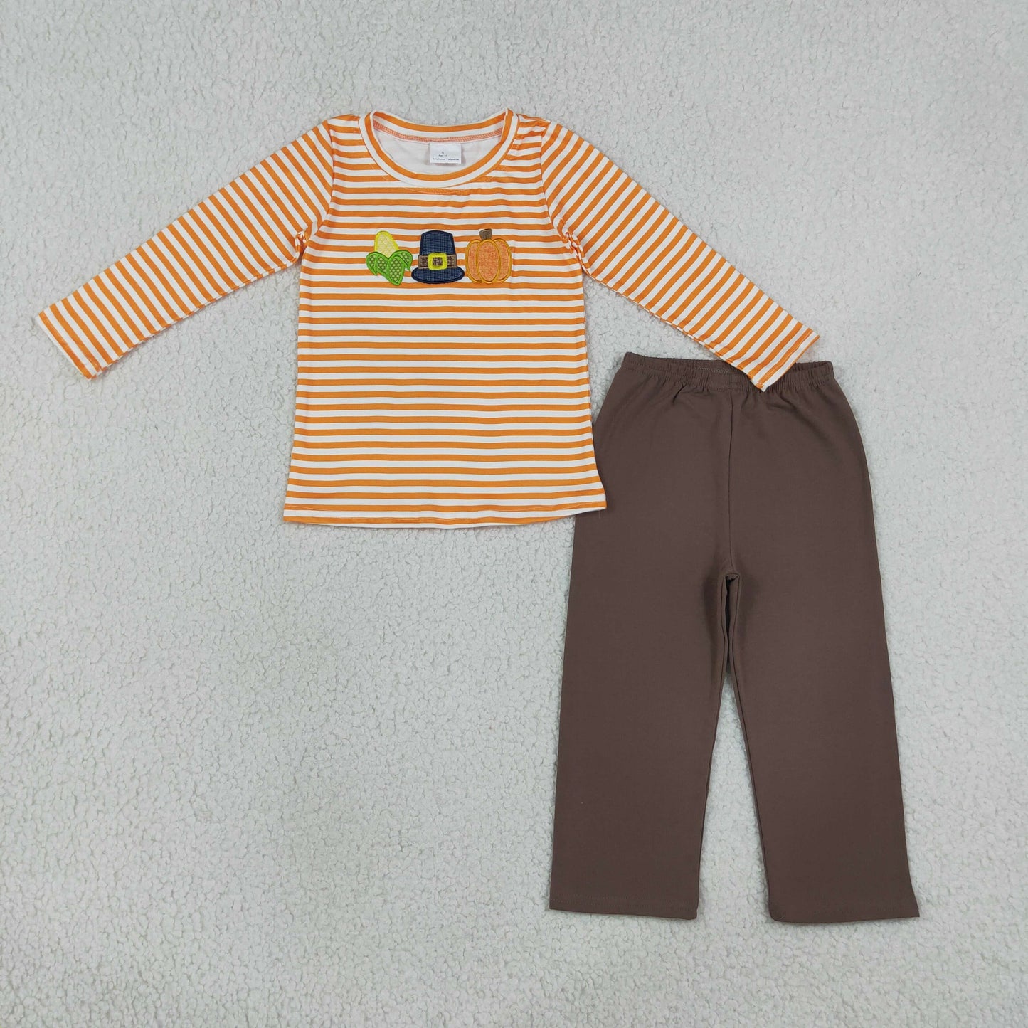 BLP1442  RTS NO MOQ （In stock）milk silk Embroidery Baby Boys Orange Stripe Pumpkin Embroidery Top And Pants Holiday Clothes Set