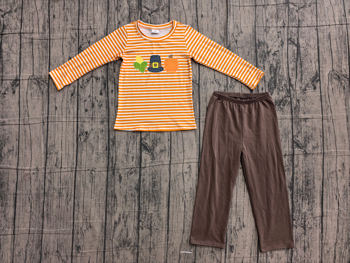 6.11 BLP1442 Sample No Moq Embroidery Baby Boys Orange Stripe Pumpkin Embroidery Top And Pants Sets