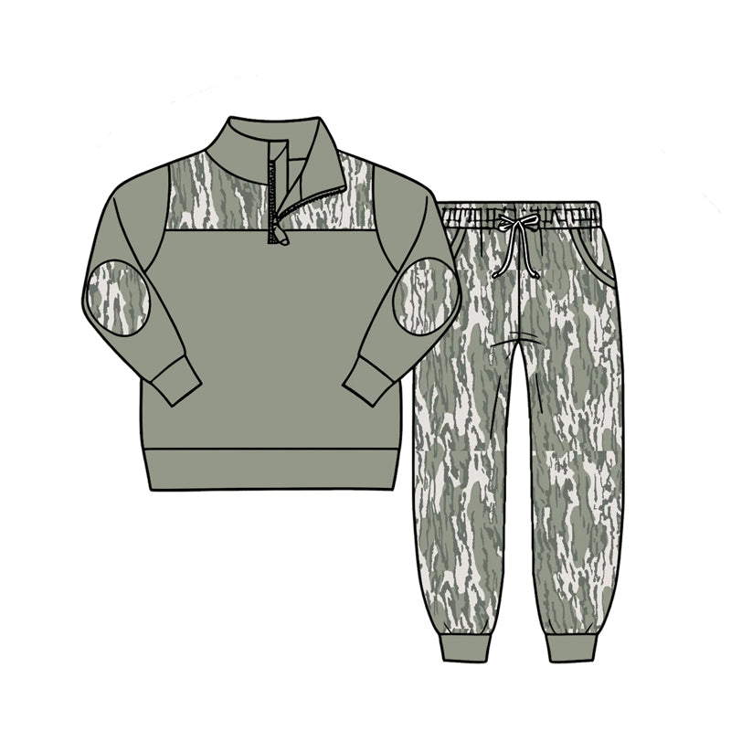 4.27 Pre order No Moq Baby Boys Long Sleeve Camo Zip Pullover Top Pockets Jogger Clothes Sets