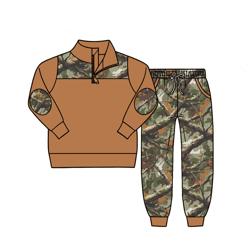 4.27 Pre order No Moq Baby Boys Long Sleeve Camo Zip Pullover Top Pockets Jogger Clothes Sets