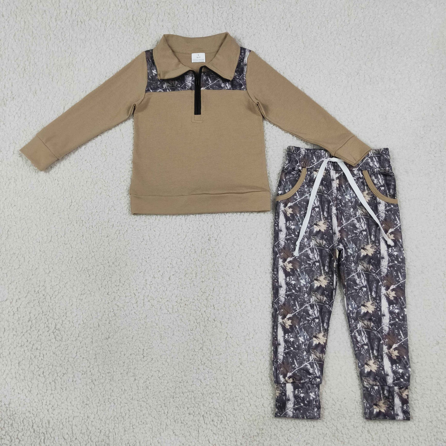 RTS NO MOQ Sibling milk silk Baby Boys Khaki Zip Pullover Leaves Camo Pockets Jogger Clothes Sets Hunting Casual Outfit