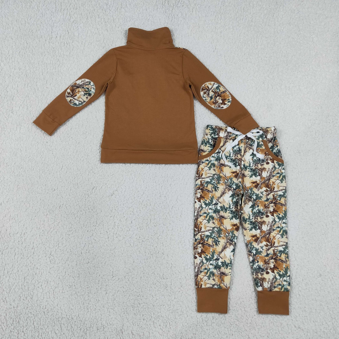 BLP1447 RTS NO MOQ （In stock）milk silk  Baby Boys Long Sleeve Camo Zip Pullover Pockets Jogger Hunting Clothes Sets