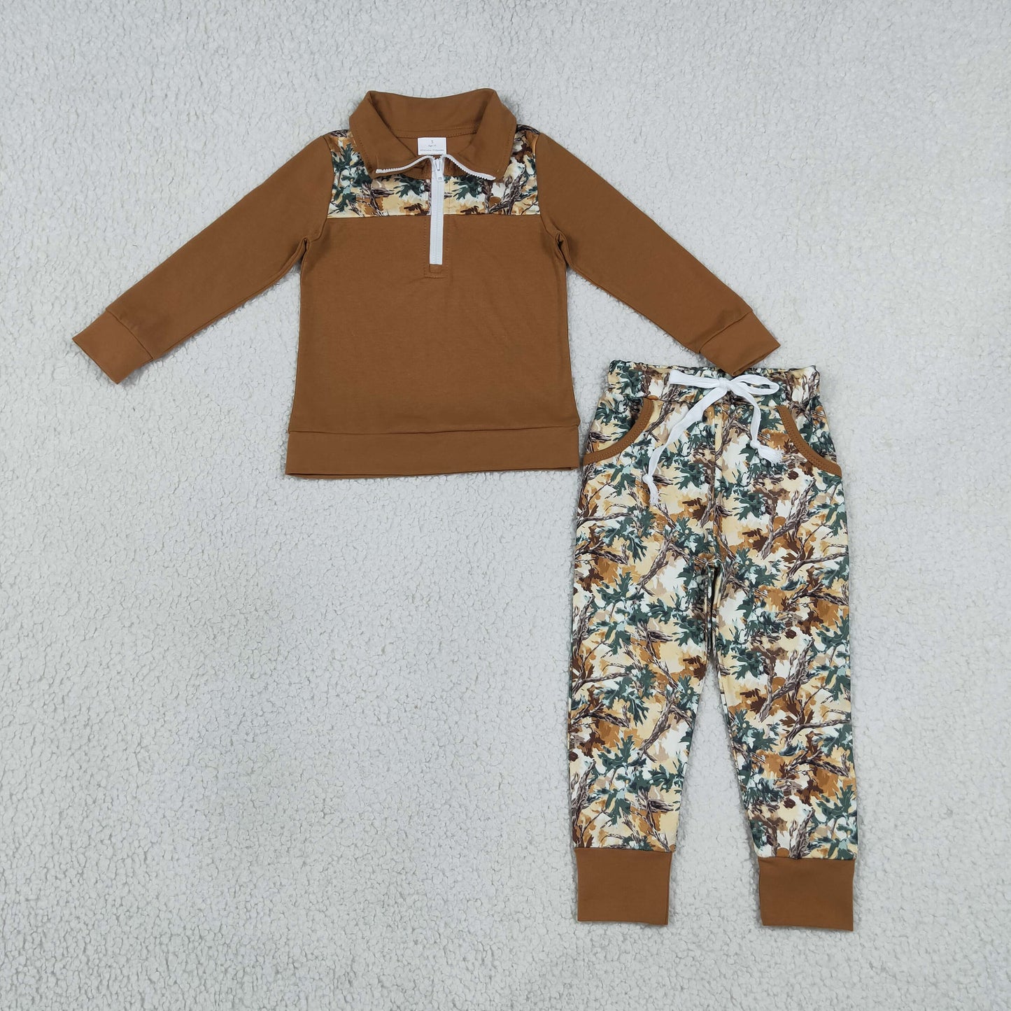 BLP1447 RTS NO MOQ （In stock）milk silk  Baby Boys Long Sleeve Camo Zip Pullover Pockets Jogger Hunting Clothes Sets